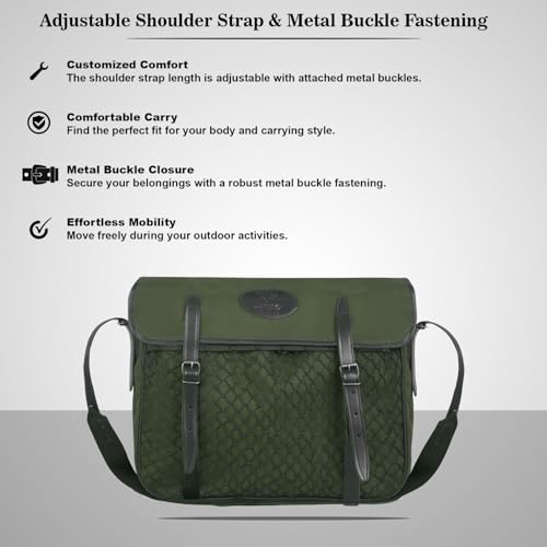 Jayefo R-31 Hunting Bag - Stylish & Functional Cotton Bag for Hunting, Messenger Bag Designed with Leather Shoulder Straps, Metal Buckle & Front Pocket, Ideal for Outdoor Adventures | (Green)