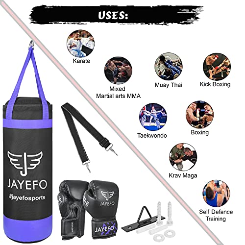 Jayefo Kids Punching Bag Set - 5 pcs Childrens Punch Bag and R-6 Gloves Set for MMA, Kickboxing, Muay Thai & Karate, Adjustable Length Hanging Straps Include | Best Gift for Kids Immunity