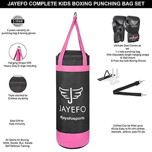 Jayefo Kids Punching Bag Set - 5 pcs Childrens Punch Bag and R-6 Gloves Set for MMA, Kickboxing, Muay Thai & Karate, Adjustable Length Hanging Straps Include | Best Gift for Kids Immunity