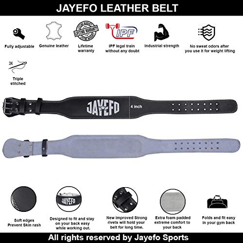 Jayefo Leather Buckle Weightlifting Lumbar Support Safety Belt Back Brace Workout Training Powerlifting Bodybuilding for Men & Women (Black)