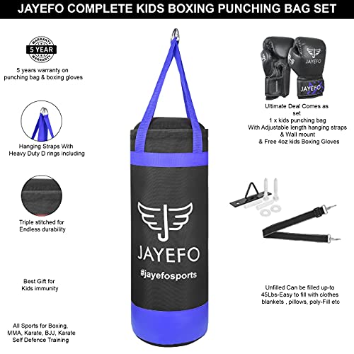 Jayefo Kids Punching Bag Set - 5 pcs Childrens Punch Bag and R-6 Gloves Set for MMA, Kickboxing, Muay Thai & Karate, Adjustable Length Hanging Straps Include | Best Gift for Kids Immunity