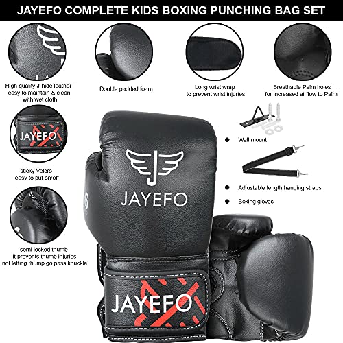 Jayefo Kids Punching Bag Set - 5 pcs Childrens Punch Bag and R-6 Gloves Set for MMA, Kickboxing, Muay Thai & Karate, Adjustable Length Hanging Straps Include | Best Gift for Kids Immunity