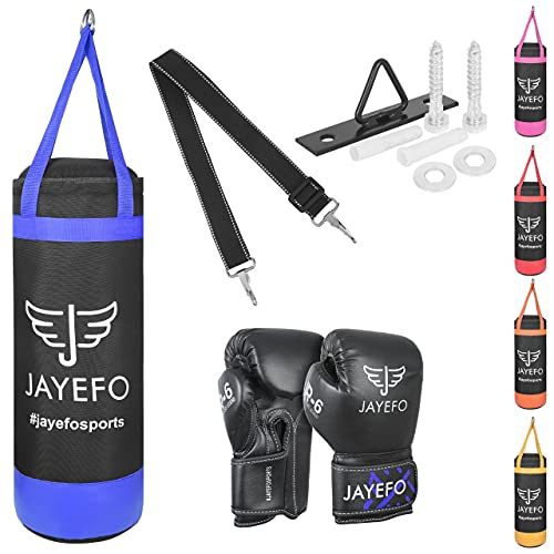 Jayefo Kids Punching Bag Set - 5 pcs Childrens Punch Bag and R-6 Gloves Set for MMA, Kickboxing, Muay Thai & Karate, Adjustable Length Hanging Straps Include | Best Gift for Kids Immunity