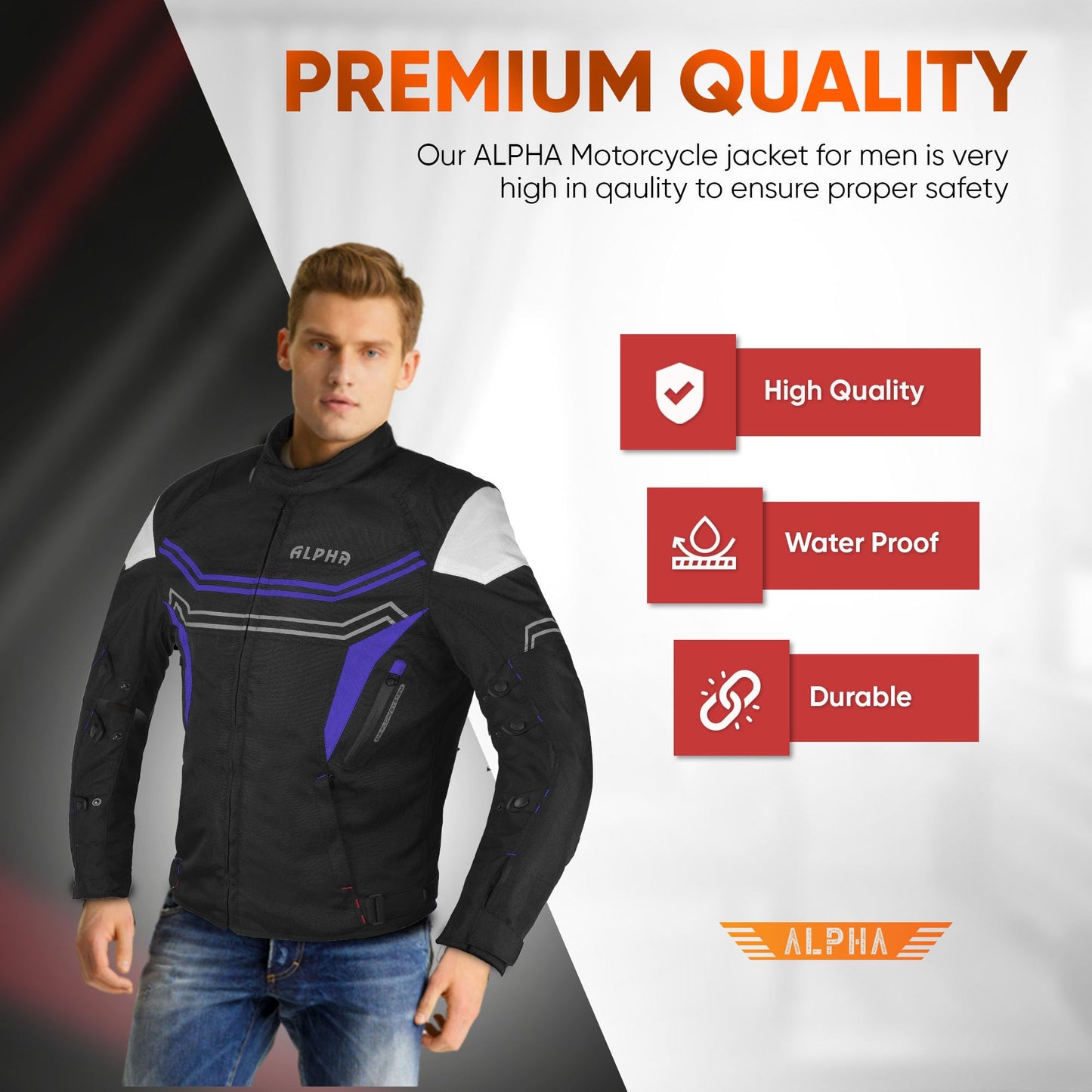 Alpha Waterproof Motorcycle Jacket for Men – Dualsport Motorbike Armor with High Visibility | CE Approved Bike Armour Jackets