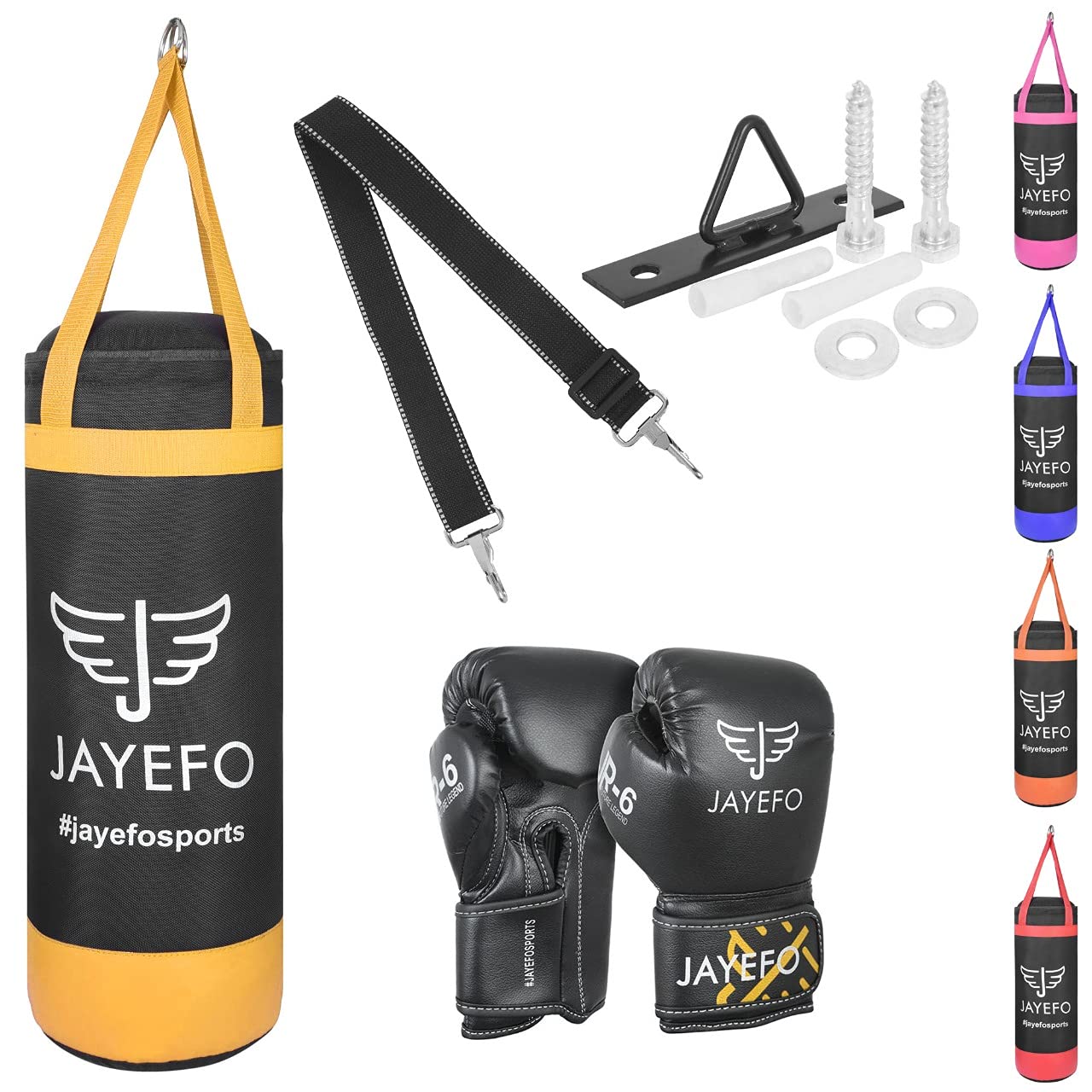 Jayefo Kids Punching Bag Set - 5 pcs Childrens Punch Bag and R-6 Gloves Set for MMA, Kickboxing, Muay Thai & Karate, Adjustable Length Hanging Straps Include | Best Gift for Kids Immunity