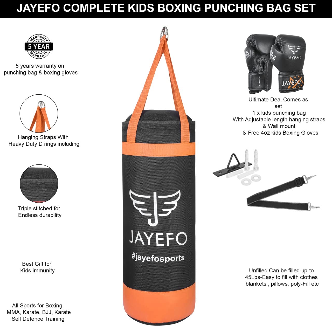 Jayefo Kids Punching Bag Set - 5 pcs Childrens Punch Bag and R-6 Gloves Set for MMA, Kickboxing, Muay Thai & Karate, Adjustable Length Hanging Straps Include | Best Gift for Kids Immunity