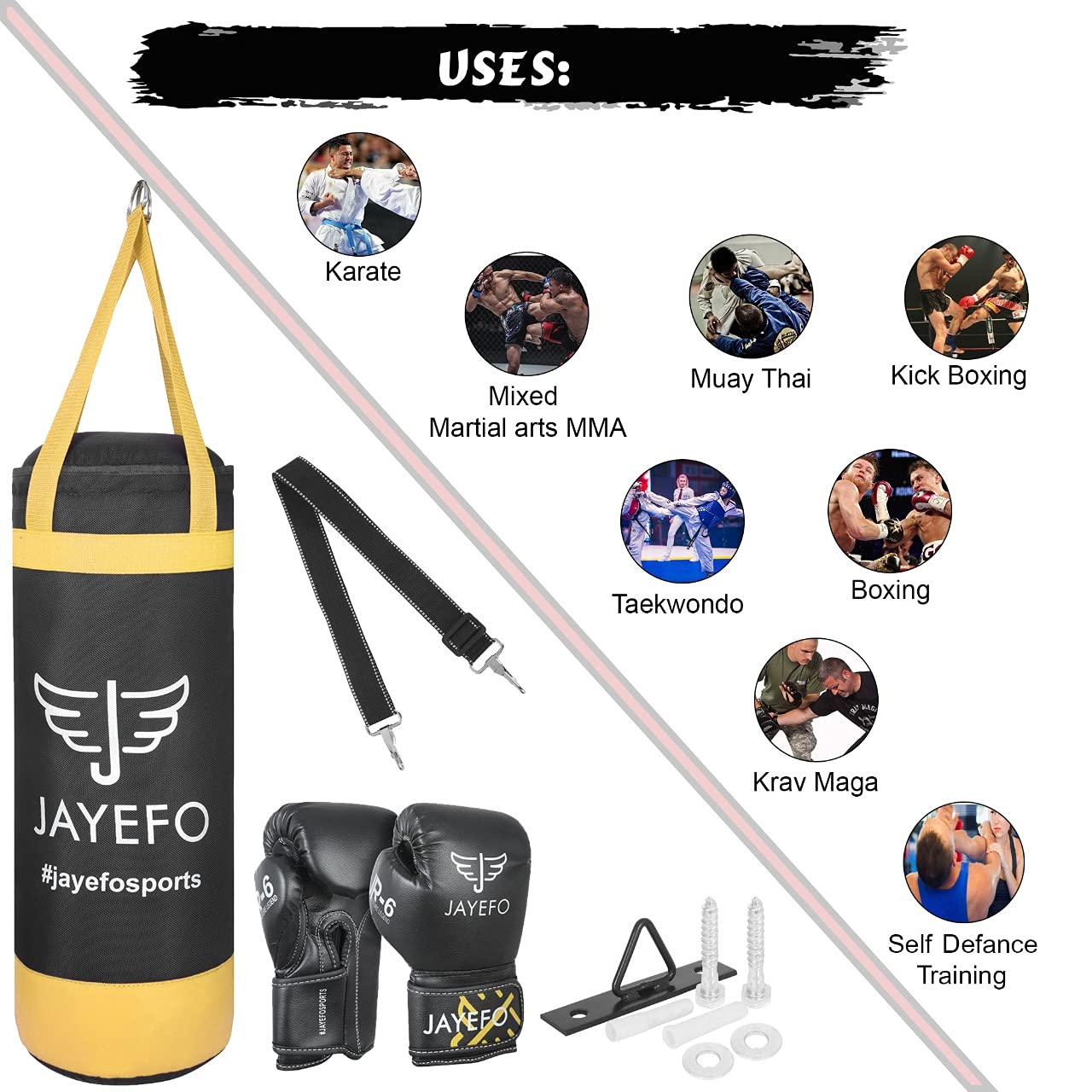 Jayefo Kids Punching Bag Set - 5 pcs Childrens Punch Bag and R-6 Gloves Set for MMA, Kickboxing, Muay Thai & Karate, Adjustable Length Hanging Straps Include | Best Gift for Kids Immunity