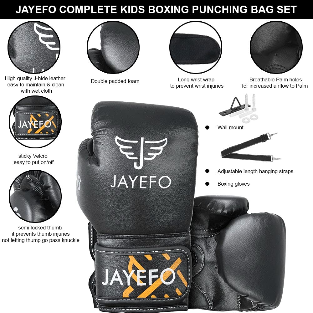 Jayefo Kids Punching Bag Set - 5 pcs Childrens Punch Bag and R-6 Gloves Set for MMA, Kickboxing, Muay Thai & Karate, Adjustable Length Hanging Straps Include | Best Gift for Kids Immunity