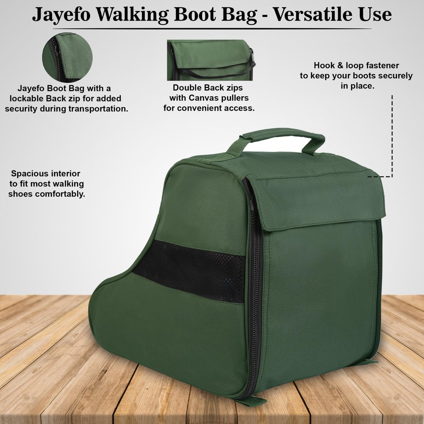 Jayefo Hunting Shoes Cover Bag - Stylish & Functional Walking Foot Bag, Walking Boots Bag Made with Cotton & Designed with Double Back Zips, Hook & Loop Fastener Ideal for Travelers & Hikers| (Green)