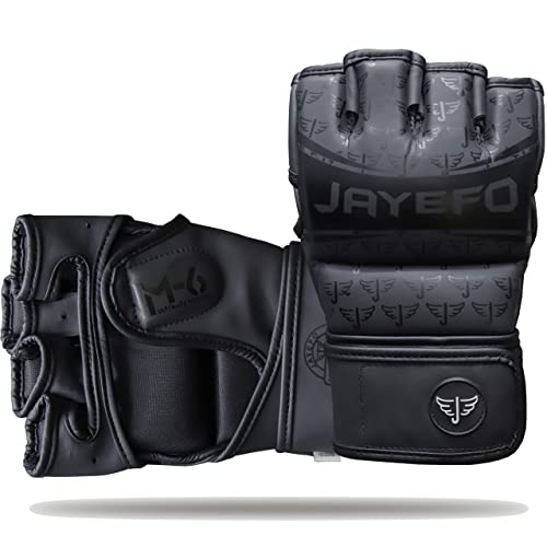 Jayefo Sports M-6 MMA Gloves - Open Palm Leather Boxing Gloves for Punching Bag, Kickboxing, Muay Thai, MMA, Men & Women Pro Sparring Fighting & Training Gloves | S/M (Black)