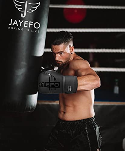 Jayefo Premium R-6 Boxing Gloves – Faux Leather Boxing Gloves for Punching Bag, Kickboxing, Muay Thai, MMA, Men & Women Pro Sparring Fighting & Training Gloves (Black)