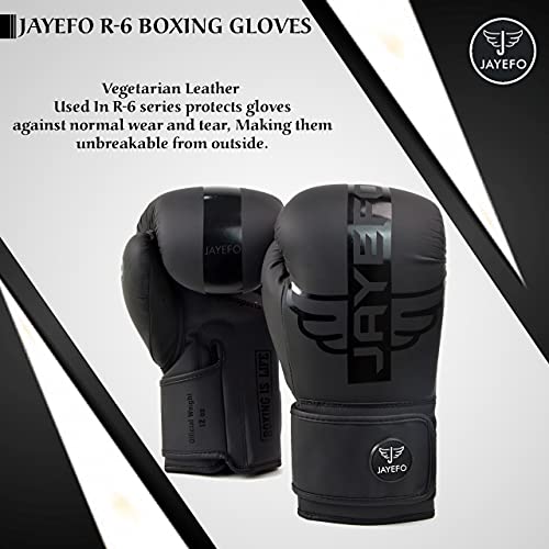 Jayefo Premium R-6 Boxing Gloves – Faux Leather Boxing Gloves for Punching Bag, Kickboxing, Muay Thai, MMA, Men & Women Pro Sparring Fighting & Training Gloves (Black)