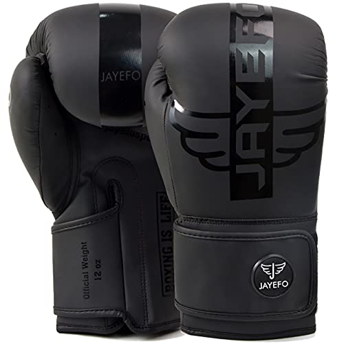 Jayefo Premium R-6 Boxing Gloves – Faux Leather Boxing Gloves for Punching Bag, Kickboxing, Muay Thai, MMA, Men & Women Pro Sparring Fighting & Training Gloves (Black)