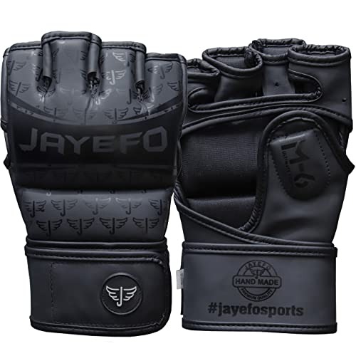 Jayefo Sports M-6 MMA Gloves - Open Palm Leather Boxing Gloves for Punching Bag, Kickboxing, Muay Thai, MMA, Men & Women Pro Sparring Fighting & Training Gloves | S/M (Black)