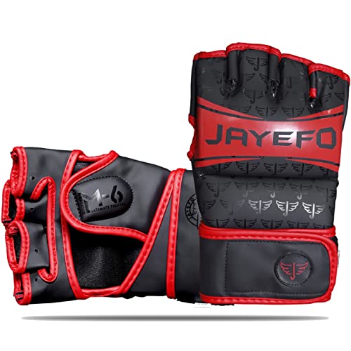 Jayefo Sports M-6 MMA Gloves - Open Palm Leather Boxing Gloves for Punching Bag, Kickboxing, Muay Thai, MMA, Men & Women Pro Sparring Fighting & Training Gloves | S/M (Black & Red)