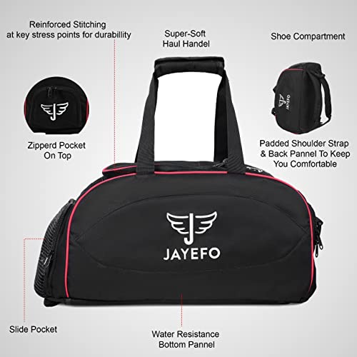 Jayefo Sports Duffle Bag for Travel, Gym, Camping, Overnight and Sports - Camping and Hiking Backpack - Standard Size - Black Red, Black/RED