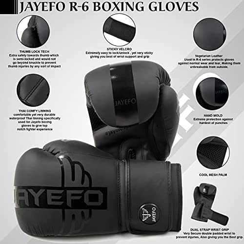 Jayefo Premium R-6 Boxing Gloves – Faux Leather Boxing Gloves for Punching Bag, Kickboxing, Muay Thai, MMA, Men & Women Pro Sparring Fighting & Training Gloves (Black)