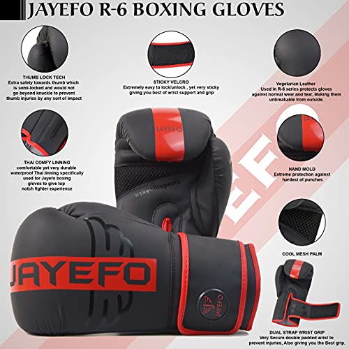 Jayefo Premium R-6 Boxing Gloves – Faux Leather Boxing Gloves for Punching Bag, Kickboxing, Muay Thai, MMA, Men & Women Pro Sparring Fighting & Training Gloves (Red)