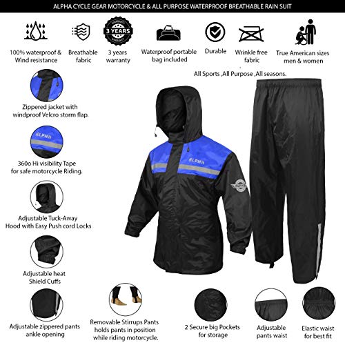 ALPHA CYCLE GEAR Rain Suit - Lightweight Waterproof Rain Gear for Men & Women, Adjustable Protective Rain Jacket and Trouser Suitable for All Sports & Outdoor Activities, Wind Resistant