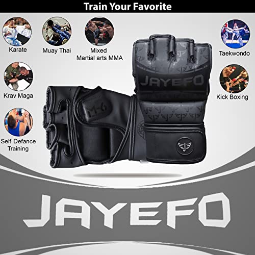 Jayefo Sports M-6 MMA Gloves - Open Palm Leather Boxing Gloves for Punching Bag, Kickboxing, Muay Thai, MMA, Men & Women Pro Sparring Fighting & Training Gloves | S/M (Black)