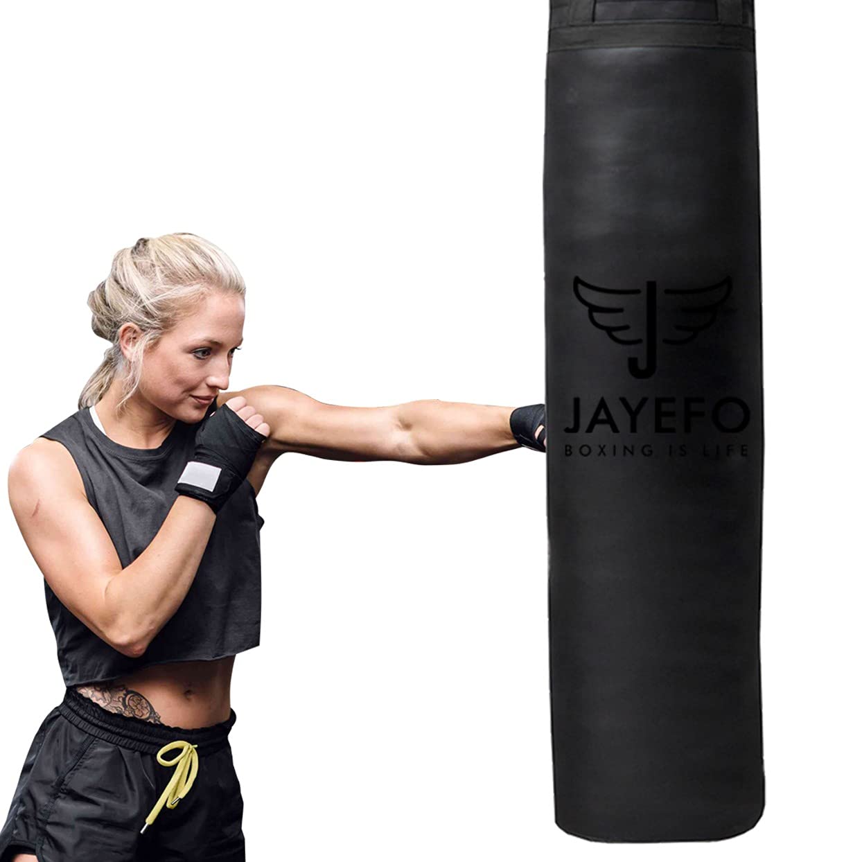 Jayefo Punch Bag Boxing Training – Hanging Punching Bag for Boxing, Karate, Muay Thai, Kickboxing, MMA, Boxing Bag Bracket for Training at Home & Gym, Heavy Bag 70 to 100 lbs | Unfilled 4ft (Black)