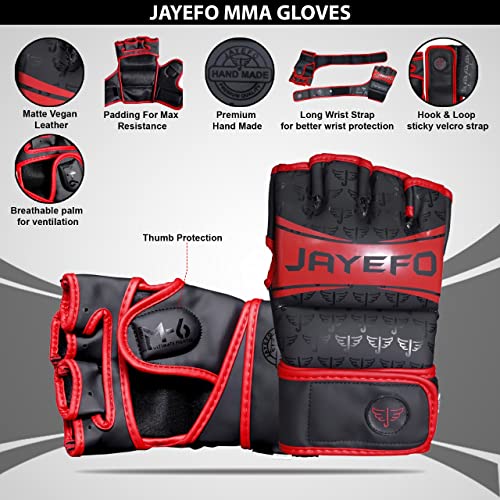 Jayefo Sports M-6 MMA Gloves - Open Palm Leather Boxing Gloves for Punching Bag, Kickboxing, Muay Thai, MMA, Men & Women Pro Sparring Fighting & Training Gloves | S/M (Black & Red)