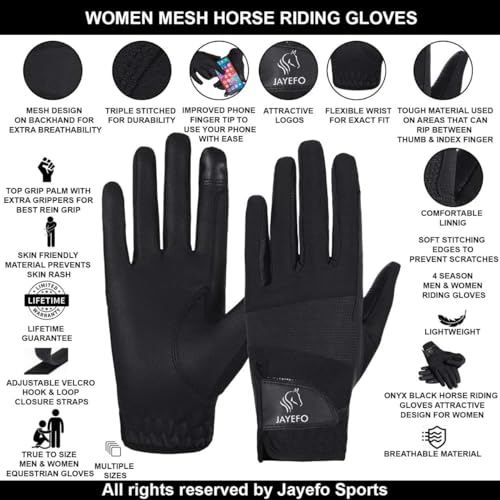 Jayefo Ladies Horse Riding Gloves - Black Equestrian Horseback Riding Gloves, All Weather Outdoor Workout Sport & Driving Bike Gloves for Women, Lightweight & Breathable Cotton Material | (Small)