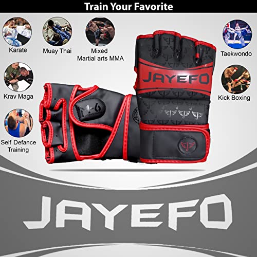 Jayefo Sports M-6 MMA Gloves - Open Palm Leather Boxing Gloves for Punching Bag, Kickboxing, Muay Thai, MMA, Men & Women Pro Sparring Fighting & Training Gloves | S/M (Black & Red)