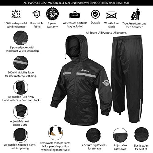 ALPHA CYCLE GEAR Rain Suit - Lightweight Waterproof Rain Gear for Men & Women, Adjustable Protective Rain Jacket and Trouser Suitable for All Sports & Outdoor Activities, Wind Resistant