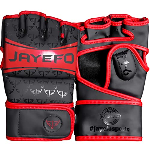 Jayefo Sports M-6 MMA Gloves - Open Palm Leather Boxing Gloves for Punching Bag, Kickboxing, Muay Thai, MMA, Men & Women Pro Sparring Fighting & Training Gloves | S/M (Black & Red)