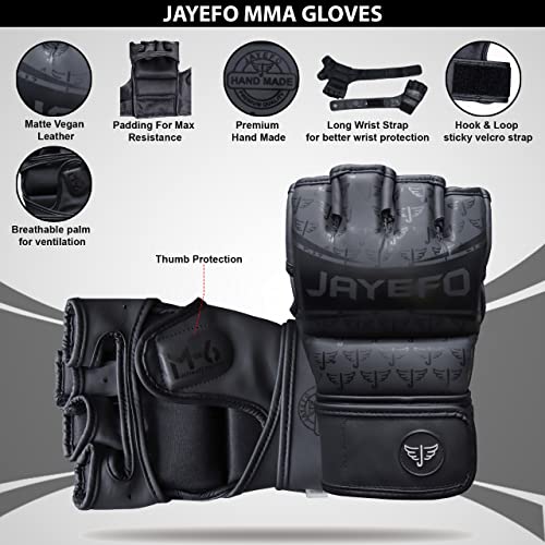 Jayefo Sports M-6 MMA Gloves - Open Palm Leather Boxing Gloves for Punching Bag, Kickboxing, Muay Thai, MMA, Men & Women Pro Sparring Fighting & Training Gloves | S/M (Black)