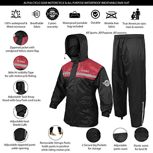 ALPHA CYCLE GEAR Rain Suit - Lightweight Waterproof Rain Gear for Men & Women, Adjustable Protective Rain Jacket and Trouser Suitable for All Sports & Outdoor Activities, Wind Resistant