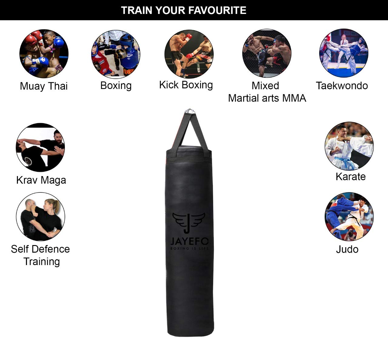 Jayefo Punch Bag Boxing Training – Hanging Punching Bag for Boxing, Karate, Muay Thai, Kickboxing, MMA, Boxing Bag Bracket for Training at Home & Gym, Heavy Bag 70 to 100 lbs | Unfilled 4ft (Black)