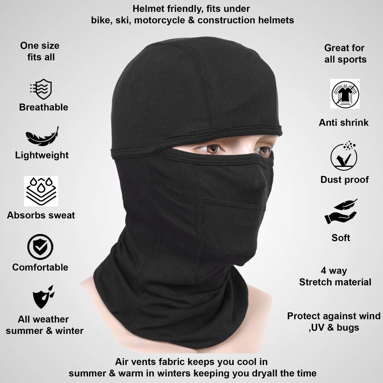 ALPHA CYCLE GEAR Balaclava face mask Men & Women uv Protection for Motorcycle Sports ski Outdoors Running dust mask Black Full