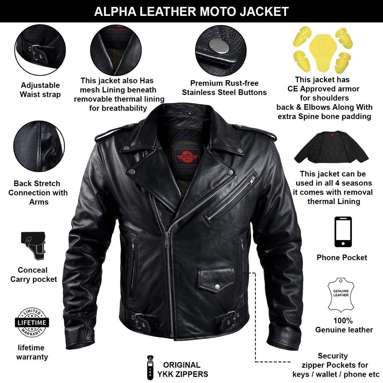 Alpha Black Leather Motorcycle Jacket – Motorcycle Armour with Genuine Biker CE Armor for Shoulder, Back & Elbows, Mens Biker Jacket for All Season with Concealed Carry