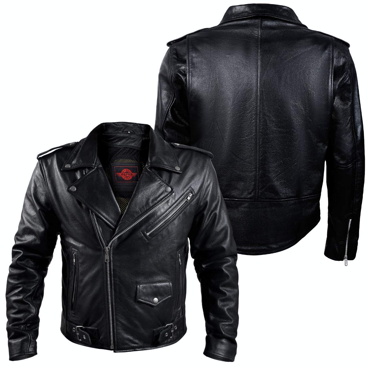 Alpha Black Leather Motorcycle Jacket – Motorcycle Armour with Genuine Biker CE Armor for Shoulder, Back & Elbows, Mens Biker Jacket for All Season with Concealed Carry