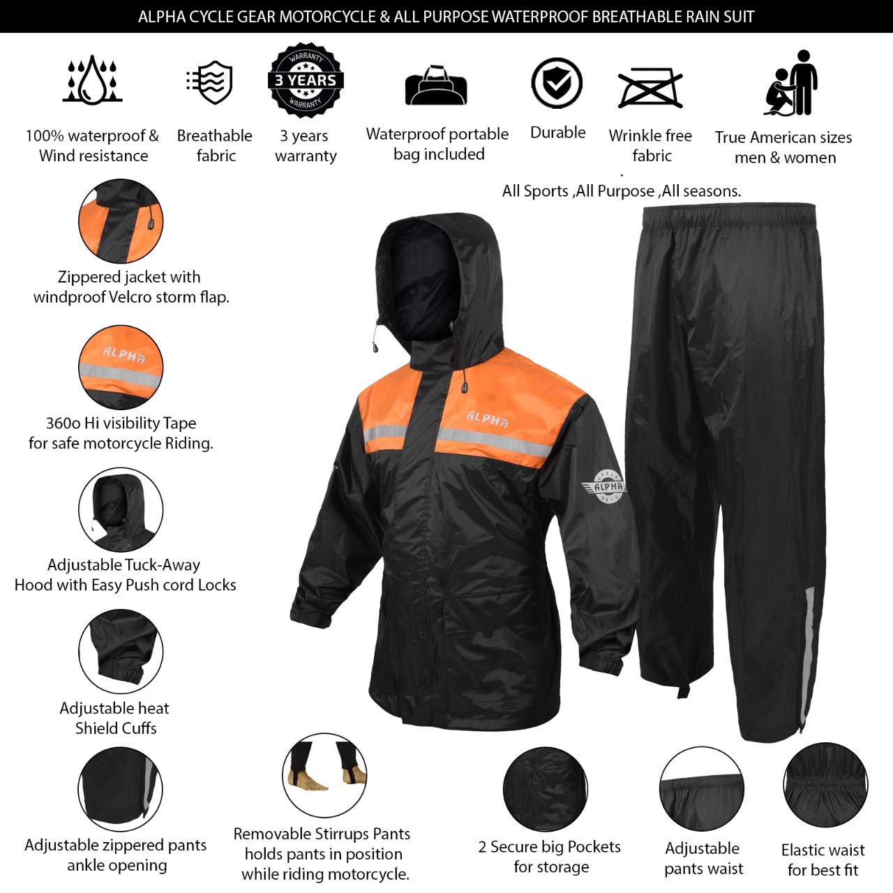 ALPHA CYCLE GEAR Rain Suit - Lightweight Waterproof Rain Gear for Men & Women, Adjustable Protective Rain Jacket and Trouser Suitable for All Sports & Outdoor Activities, Wind Resistant